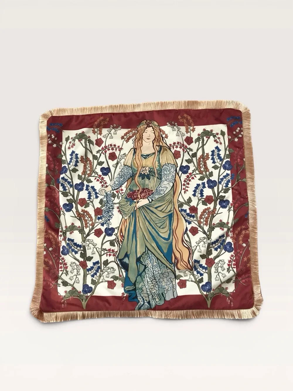 Two NWOT Red Velvet Pillow COVERS Blue Burgundy Gold Art Nouveau Fairy Style